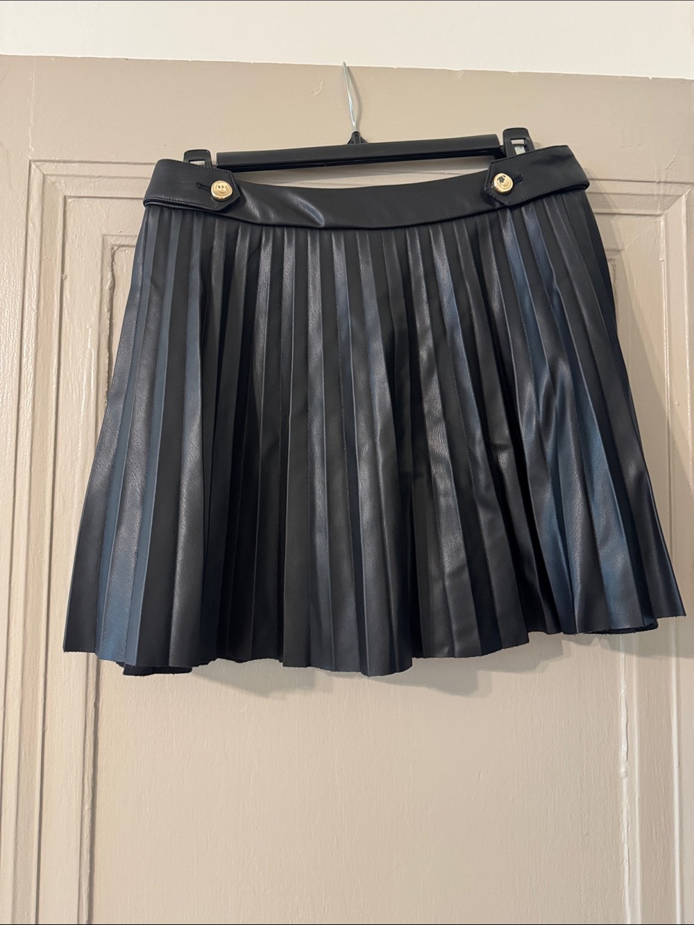 Zara Black Pleated Faux Leather Skater Mini Skirt with Gold Buttons